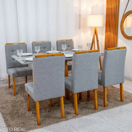 Mesa de Jantar Bali 160x80 Vidro Off Base Madeira + 6 Cadeiras Londres Linho Cinza Minas Plac - Entregue Montada