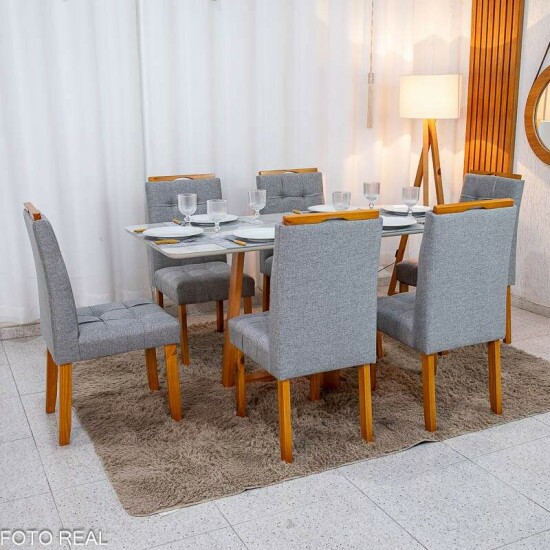 Mesa de Jantar Bali 160x80 Vidro Off Base Madeira + 6 Cadeiras Londres Linho Cinza Minas Plac - Entregue Montada
