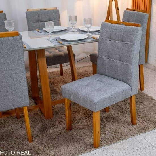 Mesa de Jantar Bali 160x80 Vidro Off Base Madeira + 6 Cadeiras Londres Linho Cinza Minas Plac - Entregue Montada