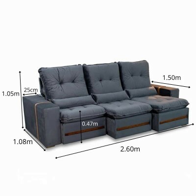 Sof� Retr�til Reclin�vel Montreal 2.60m Veludo Cinza - D33