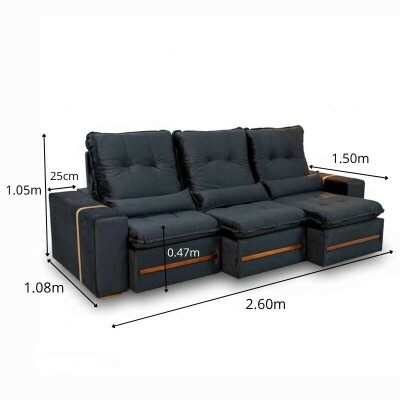 Sof� Retr�til Reclin�vel Montreal 2.60m Veludo Preto - D33