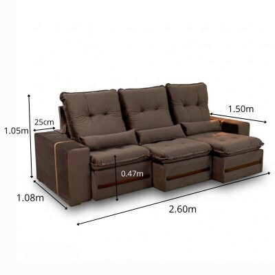 Sof� Retr�til Reclin�vel Montreal 2.60m Veludo Marrom - D33