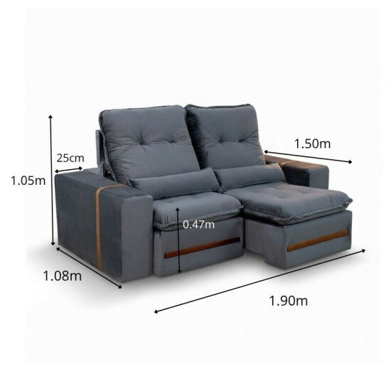 Sof� Retr�til Reclin�vel Montreal 1.90m Veludo Cinza - D33