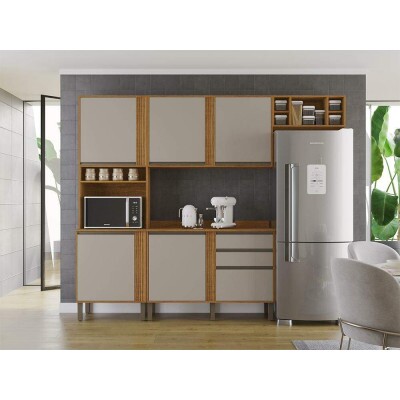 Torre Quente Cozinha P�rola + Balc�o 1.20m + A�reo 1 Portas 1.20m + Arm�rio de geladeira P�rola Cinamomo/Off Sall�to