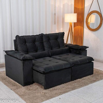 Sof� Retr�til Reclin�vel Gr�cia 2.00m Veludo Preto - Sem caixa
