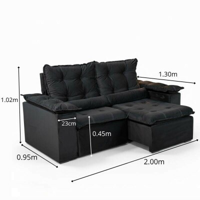 Sof� Retr�til Reclin�vel Gr�cia 2.00m Veludo Preto - Sem caixa