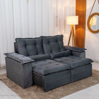 Sof� Retr�til Reclin�vel Gr�cia 2.00m Veludo Cinza - Sem Caixa