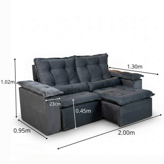 Sof� Retr�til Reclin�vel Gr�cia 2.00m Veludo Cinza - Sem Caixa