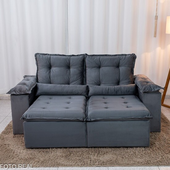 Sof� Retr�til Reclin�vel Gr�cia 2.00m Veludo Cinza - Sem Caixa