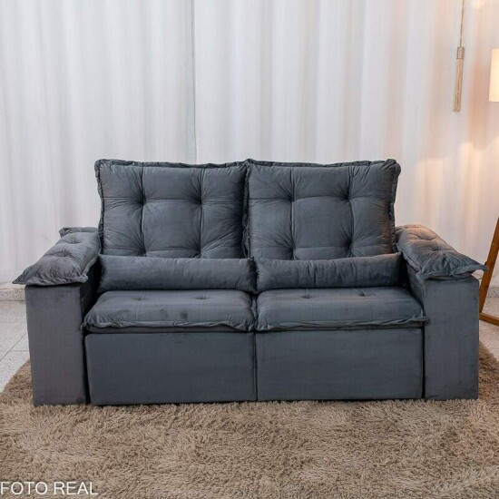 Sof� Retr�til Reclin�vel Gr�cia 2.00m Veludo Cinza - Sem Caixa