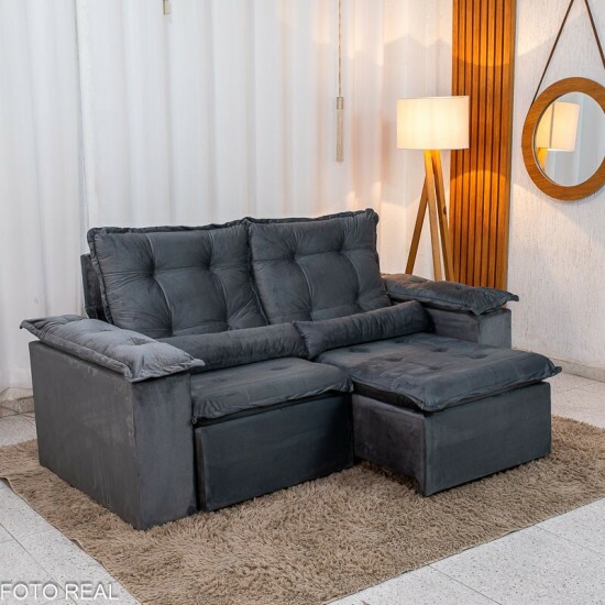 Sof� Retr�til Reclin�vel Gr�cia 2.00m Veludo Cinza - Sem Caixa