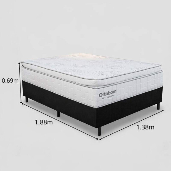 Colch�o Casal New Freedom Molas Ensacadas Ortobom + Box Casal Sued Preto Nosso Sonho 138x188x69 | Suporta at� 300kg