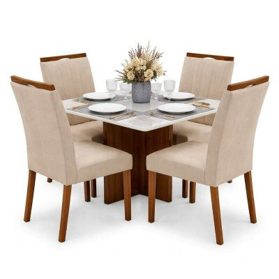 Mesa de Jantar Moscou 90x90 Vidro Off/Cinamomo Minas Plac + 4 Cadeiras Isabela Linho Bege 01 Madeira Maci�a KM Decor - Entregue Montada