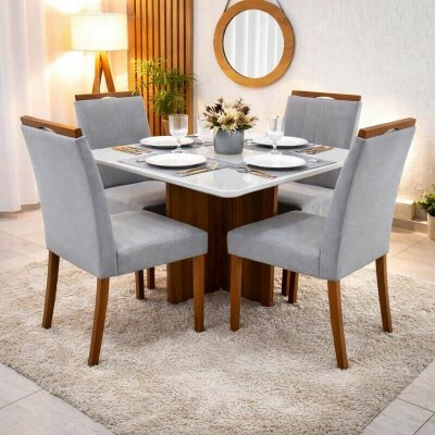 Mesa de Jantar Moscou 90x90 Vidro Off/Cinamomo Minas Plac + 4 Cadeiras Isabela Linho Cinza 05 Madeira Maci�a KM Decor - Entregue Montada