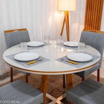 Mesa de Jantar Atlanta Redonda 120cm Vidro Off/Base Madeira - Minas Plac + 4 Cad. Isabela Linho Cinza 05 Madeira KM Decor - Entregue Montada