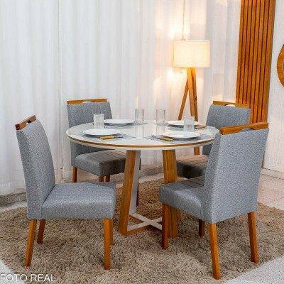 Mesa de Jantar Atlanta Redonda 120cm Vidro Off/Base Madeira - Minas Plac + 4 Cad. Isabela Linho Cinza 05 Madeira KM Decor - Entregue Montada