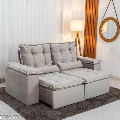 Sof� Retr�til Reclin�vel Gr�cia 2.00m Veludo Bege - Sem caixa