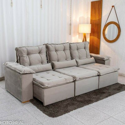 Sof� Retr�til Reclin�vel Gr�cia 2.70m Veludo Bege - Sem Caixa