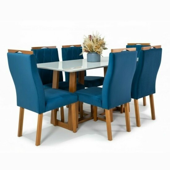 Mesa de Jantar Pedro 160x80 Vidro Off Base Madeira + 6 Cadeiras Lisboa Veludo Azul 503 Art Assento - Entregue Montada