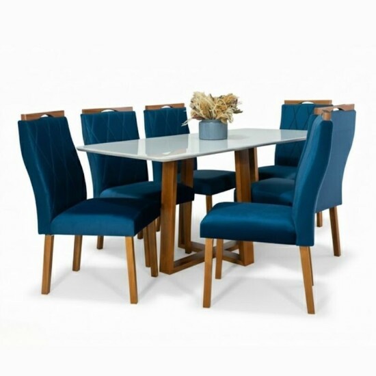 Mesa de Jantar Pedro 160x80 Vidro Off Base Madeira + 6 Cadeiras Lisboa Veludo Azul 503 Art Assento - Entregue Montada