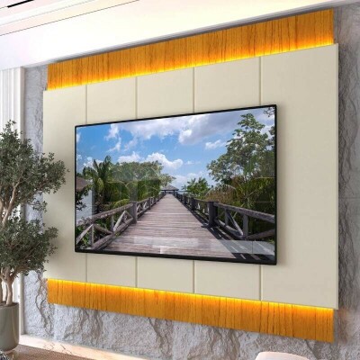 Painel Magn�fico 220 Larg. 2.18m Nature/Off C/LED e Detalhe Ripado para TV at� 85