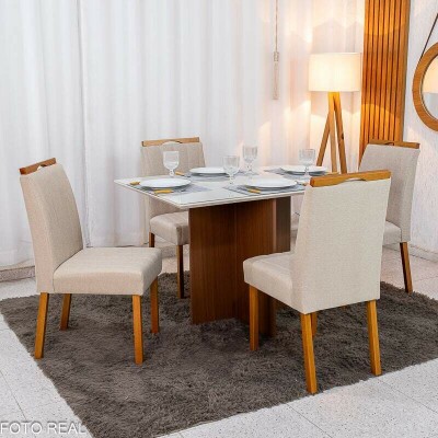 Mesa de Jantar Helo 120�90 Vidro Off/Base Mel Poliman + 4 Cad. Isabela Linho Bege 01 Madeira Maci�a KM Decor - Entregue Montada