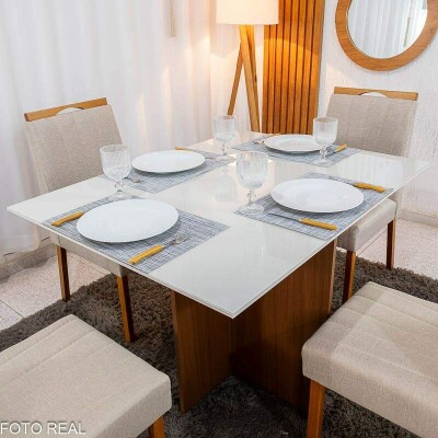 Mesa de Jantar Helo 120�90 Vidro Off/Base Mel Poliman + 4 Cad. Isabela Linho Bege 01 Madeira Maci�a KM Decor - Entregue Montada