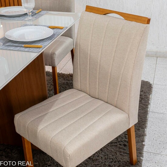 Mesa de Jantar Helo 120x90 Vidro Off Base Mel Poliman + 4 Cadeiras Isabela Linho Bege 01 KM Decor - Entregue Montada