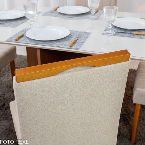 Mesa de Jantar Helo 120x90 Vidro Off Base Mel Poliman + 4 Cadeiras Isabela Linho Bege 01 KM Decor - Entregue Montada