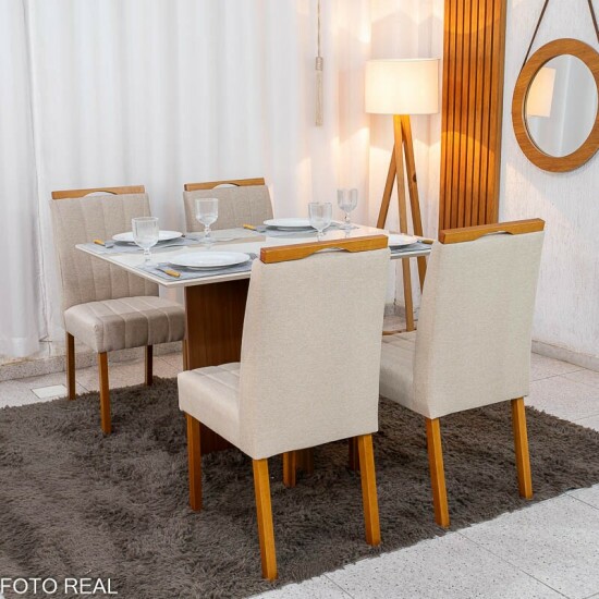 Mesa de Jantar Helo 120x90 Vidro Off Base Mel Poliman + 4 Cadeiras Isabela Linho Bege 01 KM Decor - Entregue Montada