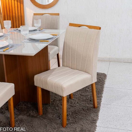 Mesa de Jantar Helo 120x90 Vidro Off Base Mel Poliman + 4 Cadeiras Isabela Linho Bege 01 KM Decor - Entregue Montada