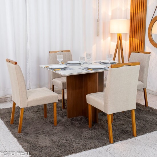 Mesa de Jantar Helo 120x90 Vidro Off Base Mel Poliman + 4 Cadeiras Isabela Linho Bege 01 KM Decor - Entregue Montada