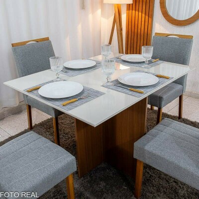 Mesa de Jantar Helo 120�90 Vidro Off/Base Mel Poliman + 4 Cad. Isabela Linho Cinza 05 Madeira Maci�a KM Decor - Entregue Montada