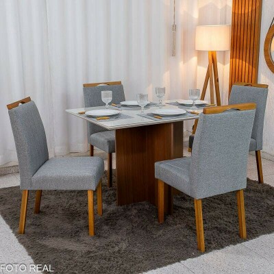 Mesa de Jantar Helo 120�90 Vidro Off/Base Mel Poliman + 4 Cad. Isabela Linho Cinza 05 Madeira Maci�a KM Decor - Entregue Montada