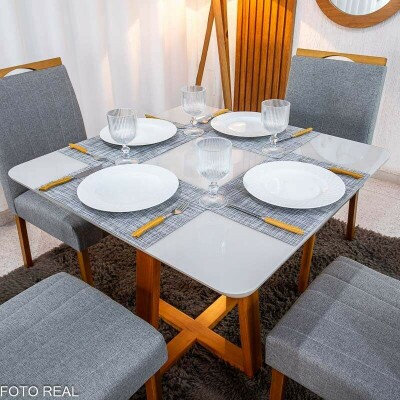 Mesa de Jantar Bali 90�90 Vidro Off/Base Madeira Minas Plac + 4 Cad. Isabela Linho Cinza 05 Madeira KM Decor - Entregue Montada