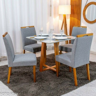Mesa de Jantar Bali 90�90 Vidro Off/Base Madeira Minas Plac + 4 Cad. Isabela Linho Cinza 05 Madeira KM Decor - Entregue Montada