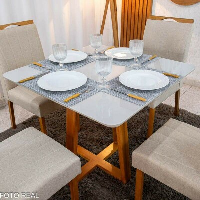 Mesa de Jantar Bali 90�90 Vidro Off/Base Madeira Minas Plac + 4 Cad. Isabela Linho Bege 01 Madeira KM Decor - Entregue Montada