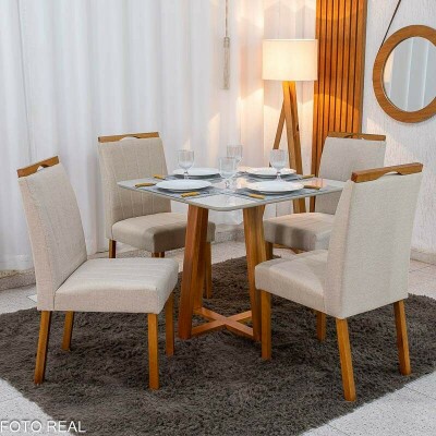 Mesa de Jantar Bali 90�90 Vidro Off/Base Madeira Minas Plac + 4 Cad. Isabela Linho Bege 01 Madeira KM Decor - Entregue Montada
