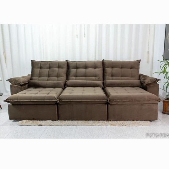 Sof� Retr�til Reclin�vel Emanuelly 3.20m Veludo Marrom 19