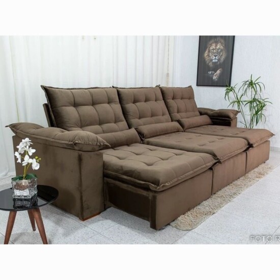 Sof� Retr�til Reclin�vel Emanuelly 3.20m Veludo Marrom 19