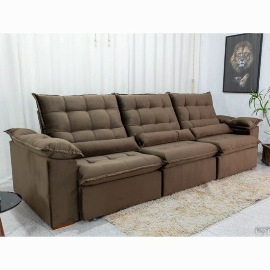 Sof� Retr�til Reclin�vel Emanuelly 3.20m Veludo Marrom 19