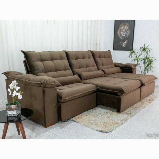 Sof� Retr�til Reclin�vel Emanuelly 3.20m Veludo Marrom 19