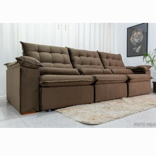 Sof� Retr�til Reclin�vel Emanuelly 3.20m Veludo Marrom 19