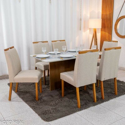 Mesa de Jantar Moscou 160x80 Vidro Off/Base Cinamomo Minas Plac + 6 Cad. Isabela Linho Bege 01 Madeira KM Decor - Entregue Montada