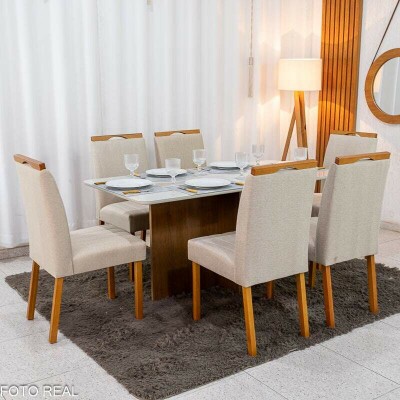 Mesa de Jantar Moscou 160x80 Vidro Off/Base Cinamomo Minas Plac + 6 Cad. Isabela Linho Bege 01 Madeira KM Decor - Entregue Montada