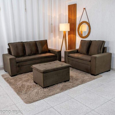 Sof� 3 e 2 lugares Fran�a com Puff Veludo Marrom A17