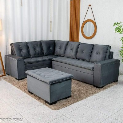 Sof� Canto 5 lugares com Puff Alemanha Veludo Grafite A15