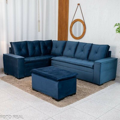 Sof� Canto 5 lugares com Puff Alemanha Veludo Azul A16