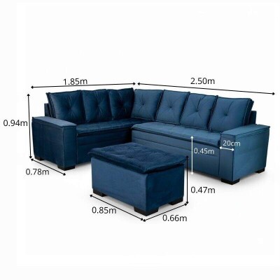 Sof� Canto 5 lugares com Puff Alemanha Veludo Azul A16