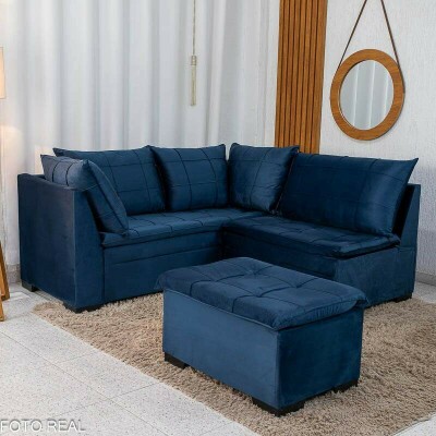 Sof� Canto 5 lugares com Puff Viena Veludo Azul A16
